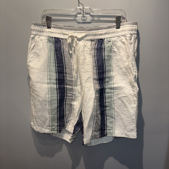 Zara Mens Linen Blend Shorts Elastic Waist‎ Drawstring White Blue Striped  SzXL - Picture 1 of 5